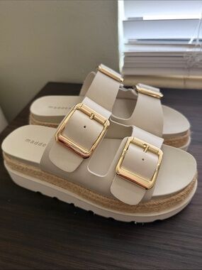 Madden Girl Cream Platform Slide Sandals with Gold Buckles and Espadrille Trim